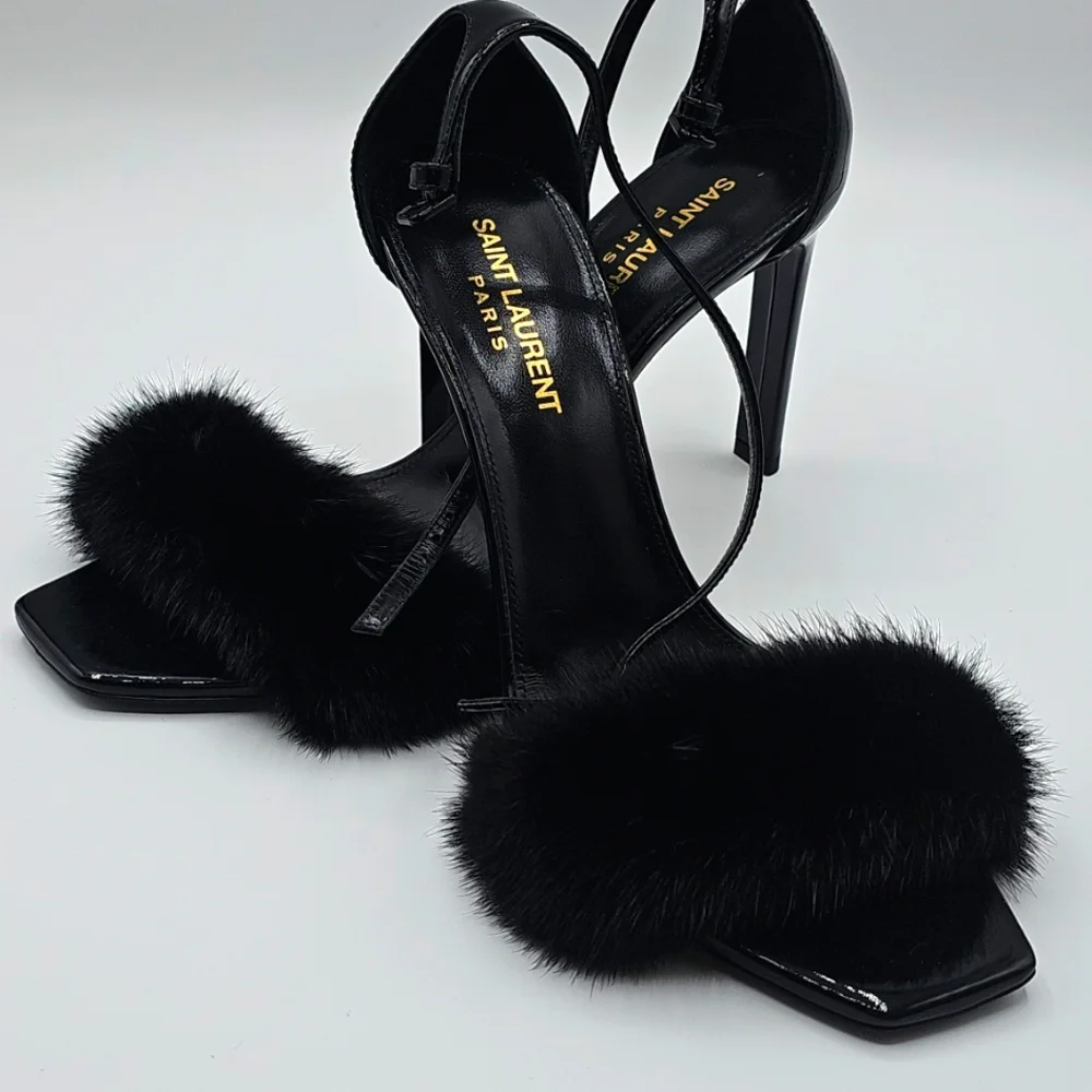 Saint Laurent Black Fur Strap Heels 37 1/2 - Picture 14 of 16